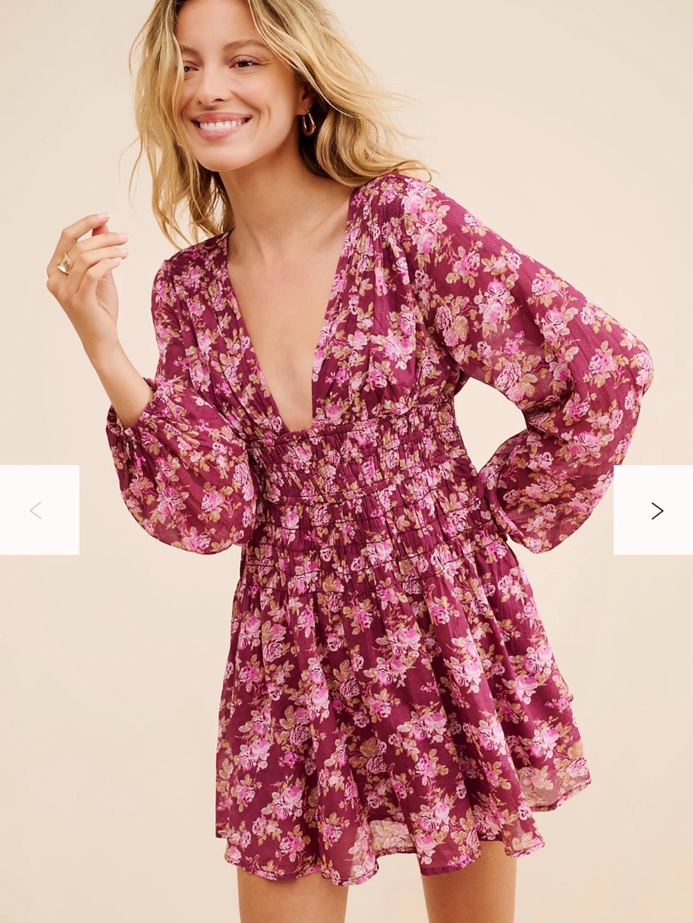 Free People Plum Floral Smocked V-Neck Mini Dress Sz MD NWT